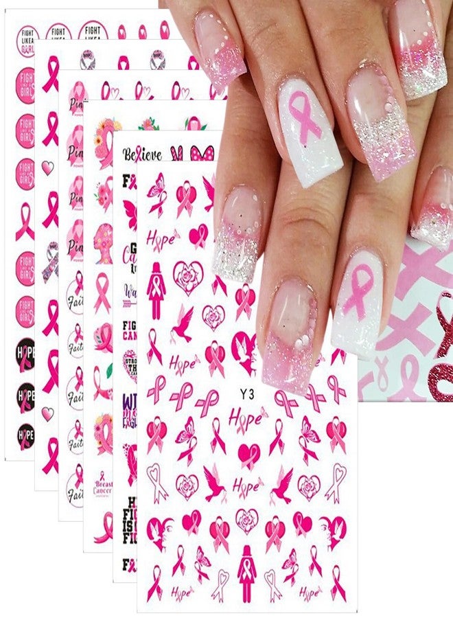 KRTBKR 6 Sheets Breast Cancer Nail Art Stickers 3D Heart Pink Ribbon Breast Cancer Awareness Nail Decals Self-Adhesive Design Nail Art Supplies Stitch Nail Stickers for Women DIY Acrylic Manicure Tips Nail - Image 1